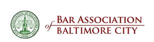Picture of text for the Bar Association of Baltimore City white background with red text and green symbol.